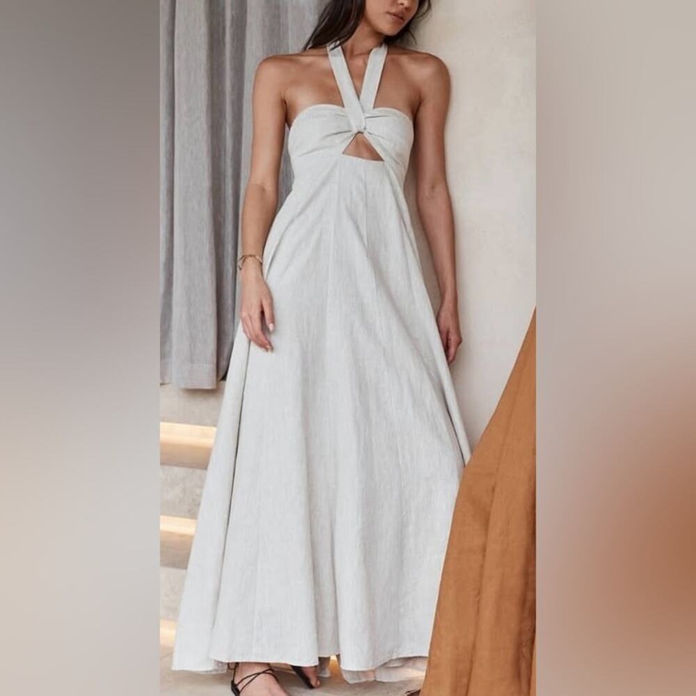DISSH Verdes Halter Natural Linen Midi Dress US4